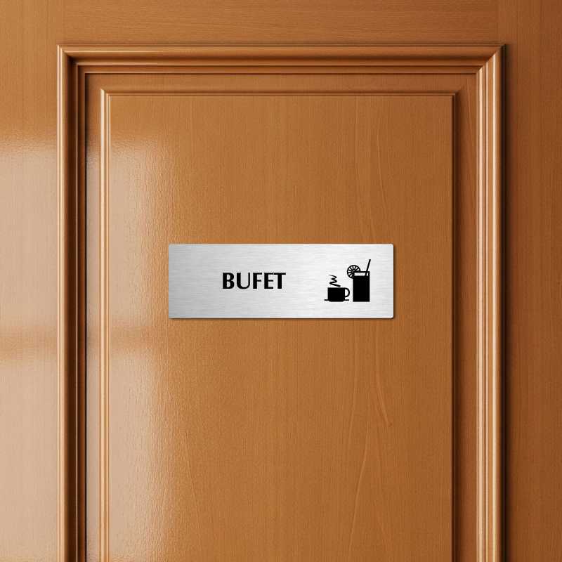 Bufet, 240x79mm, stříbrná popiska s ozdobou uprostřed